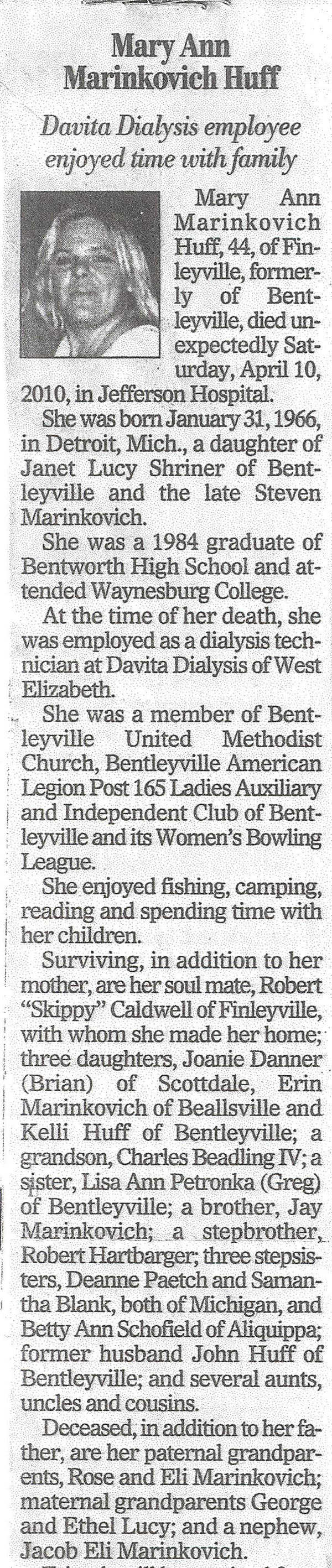 Mary Ann Marinkovich Huff obit